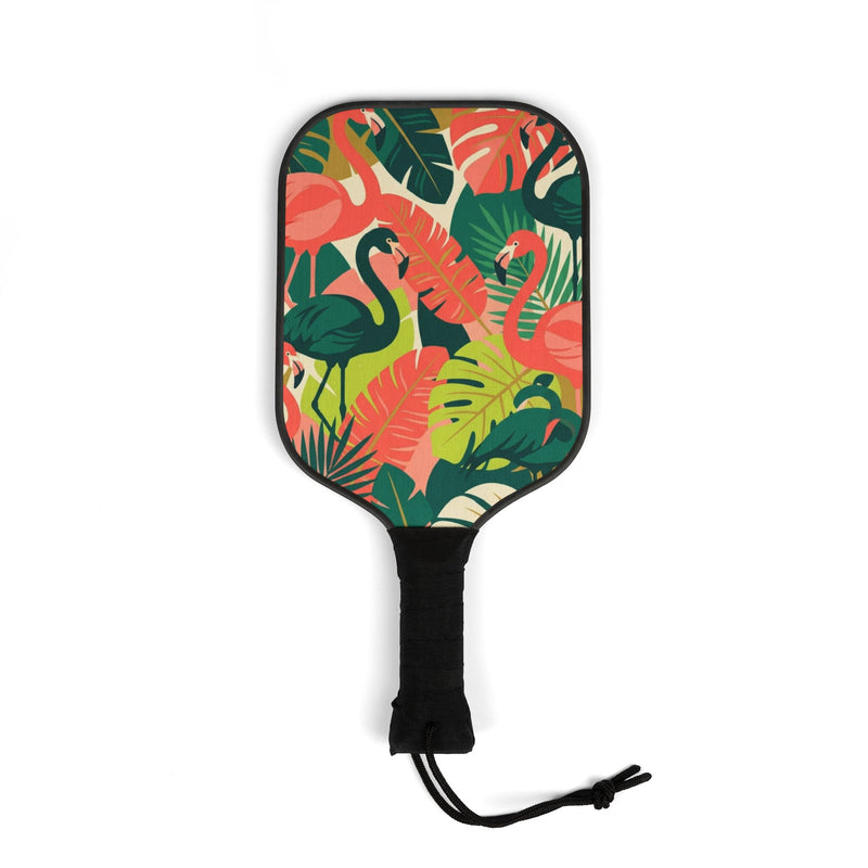 Tropical Flamingo Pickleball Set (2 Paddles + 2 Balls) paddle — design printed on black-bodied paddle