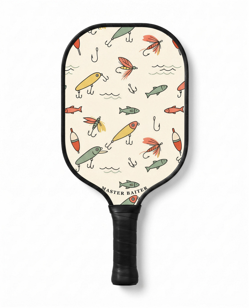 Master Baiter Pickleball Set (2 Paddles + 2 Balls) paddle — design printed on black-bodied paddle