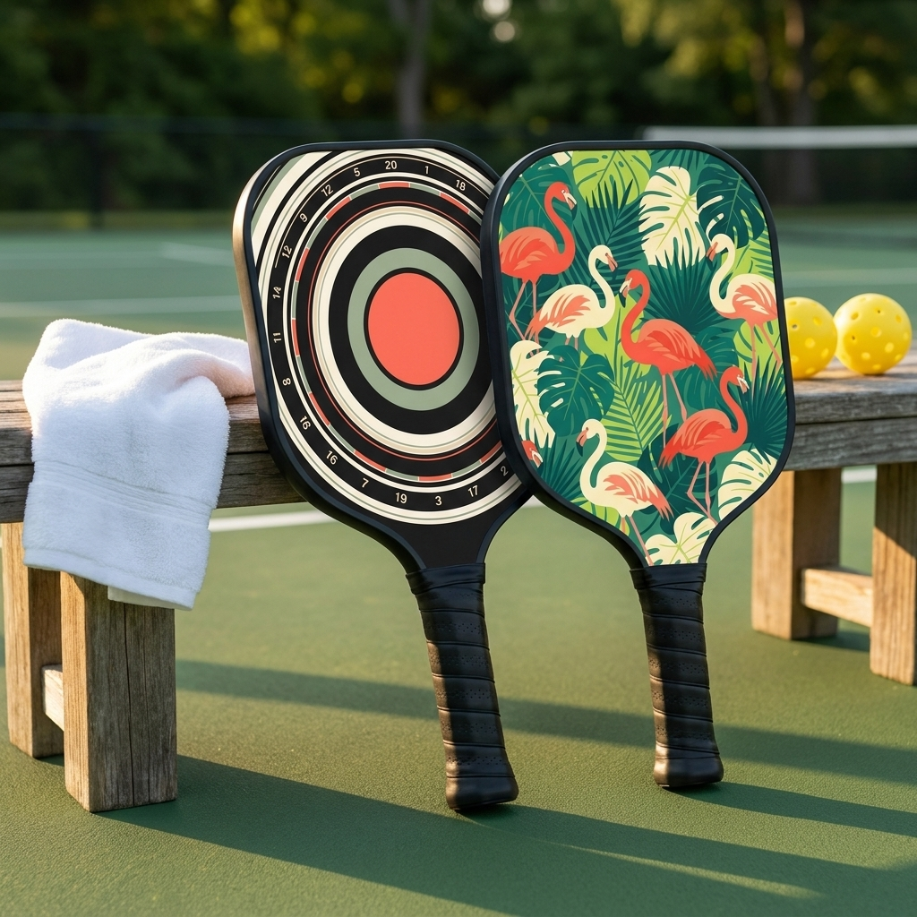 Bullseye and Flamingo Frenzy paddles on the courtside bench at golden hour